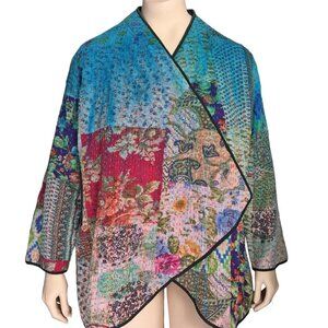 Citron Women's Blue Cotton Patchwork Wrap Jacket Embroidered Casual Colorful